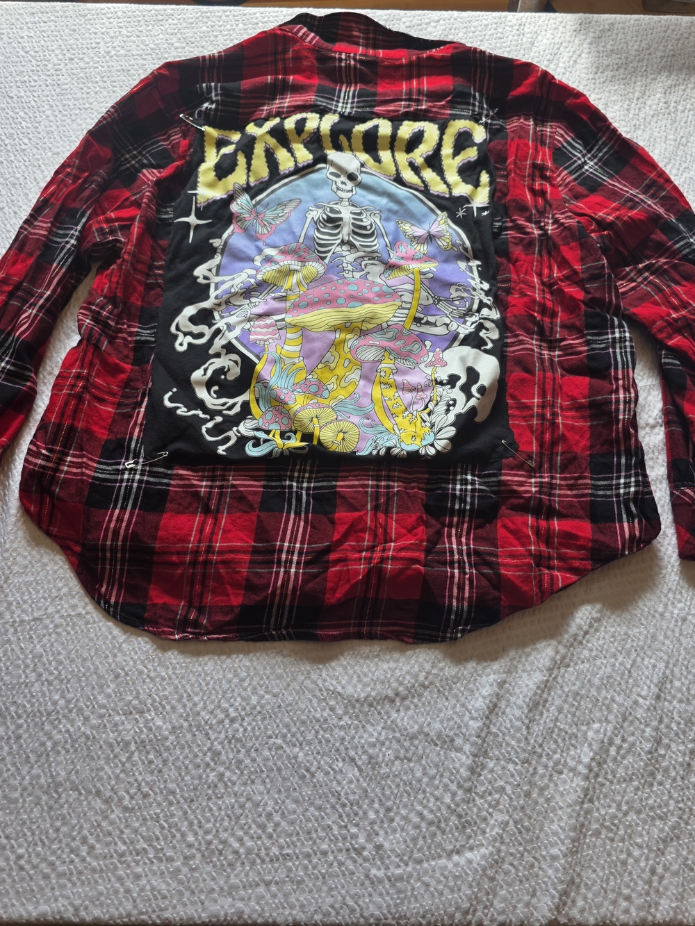 Red Plaid Button-Down Shirt with Graphic Back Patch L